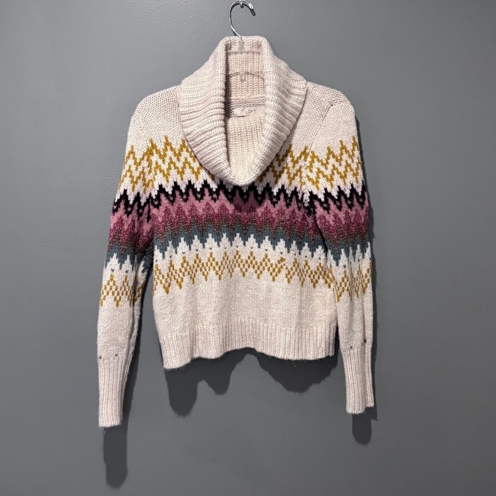 LOFT Cream Cowlneck Sweater with Pink, Mustard & Gray Fair Isle